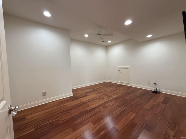 unfurnished room featuring dark wood-style floors, ceiling fan, baseboards, and recessed lighting