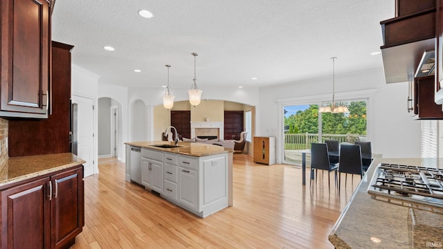 kitchen with stainless steel appliances, light wood-style floors, a fireplace, pendant lighting, and a sink