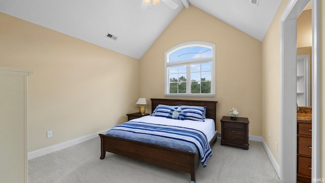 carpeted bedroom with lofted ceiling, ceiling fan, visible vents, and baseboards