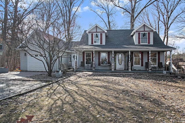 view of front of home with covered porch, roof with shingles, driveway, and an attached garage