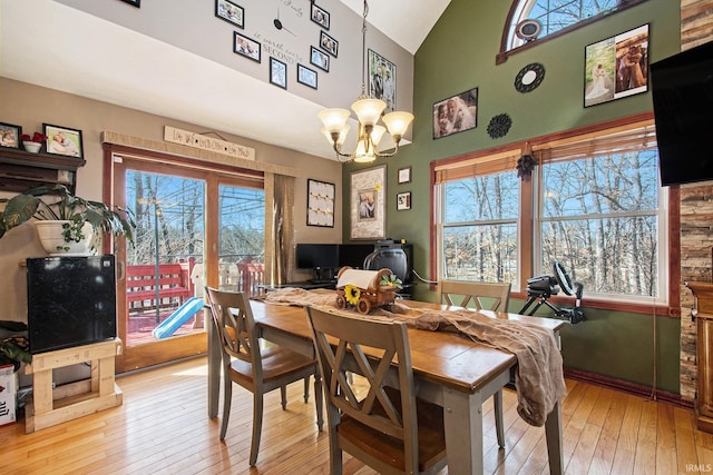 dining area with a healthy amount of sunlight, an inviting chandelier, high vaulted ceiling, and hardwood / wood-style floors