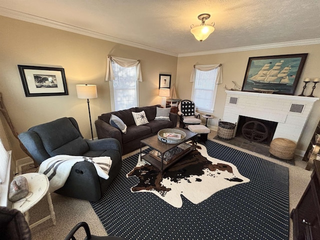 carpeted living area with ornamental molding, a fireplace, and a textured ceiling