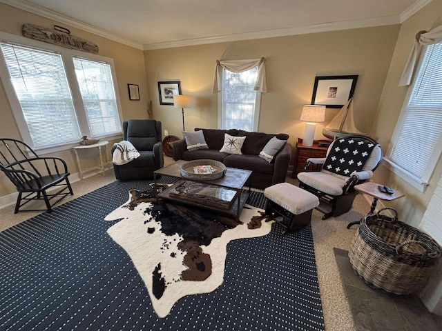 living room featuring crown molding