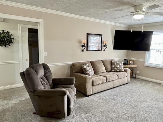 living area featuring carpet, ornamental molding, and a textured ceiling