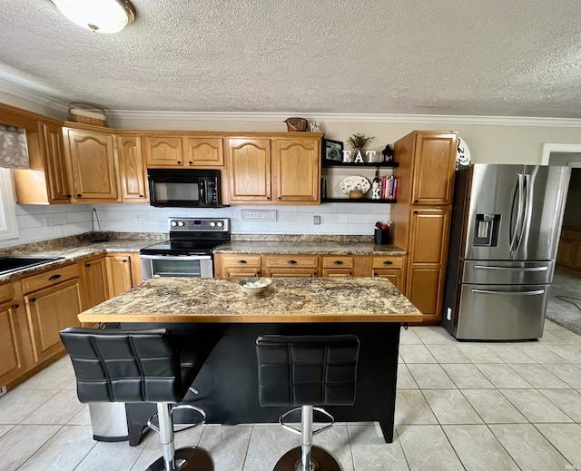 kitchen with ornamental molding, open shelves, appliances with stainless steel finishes, and decorative backsplash