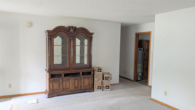 spare room with carpet floors, a textured ceiling, baseboards, and gas water heater