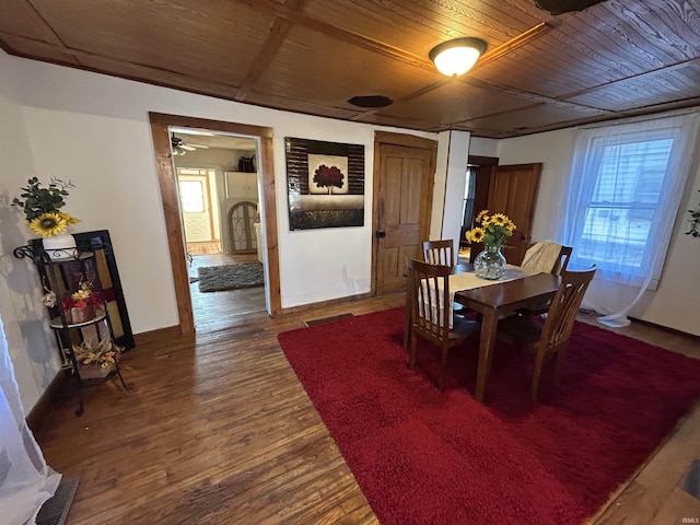 dining room with wooden ceiling, wood finished floors, and visible vents