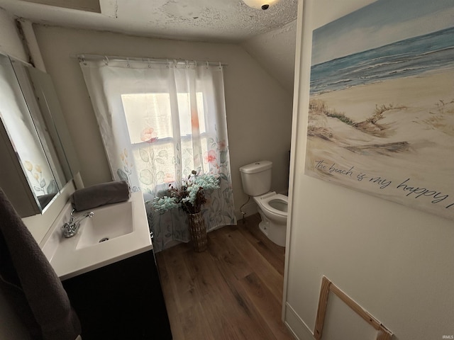 bathroom with toilet, wood finished floors, vaulted ceiling, a textured ceiling, and vanity