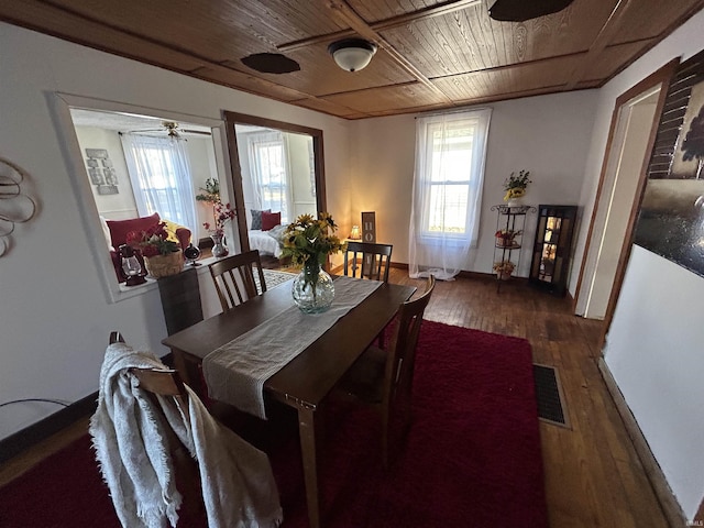 dining space featuring wood ceiling, wood finished floors, visible vents, and baseboards