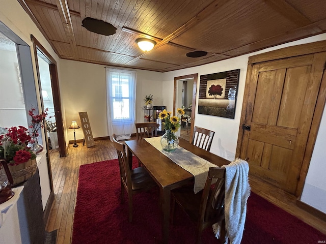 dining space with wood-type flooring, wood ceiling, and baseboards