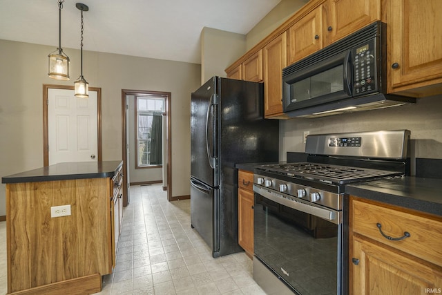 kitchen featuring brown cabinets, dark countertops, hanging light fixtures, a kitchen island, and black appliances