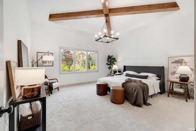 bedroom with a chandelier, carpet flooring, beam ceiling, and baseboards