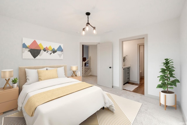 bedroom featuring light carpet and baseboards