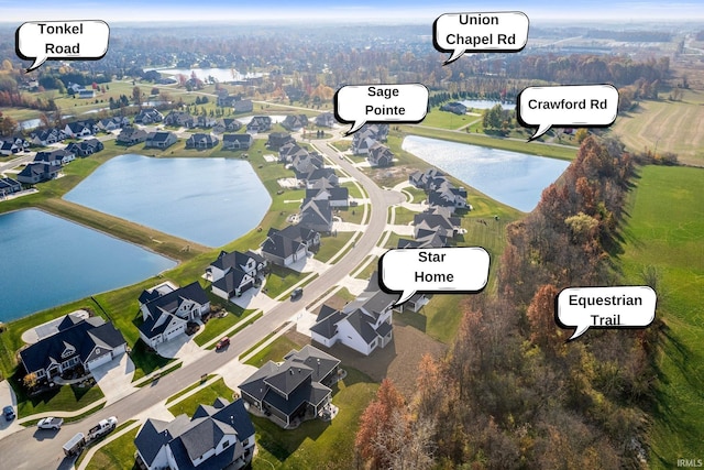 birds eye view of property with a water view and a residential view