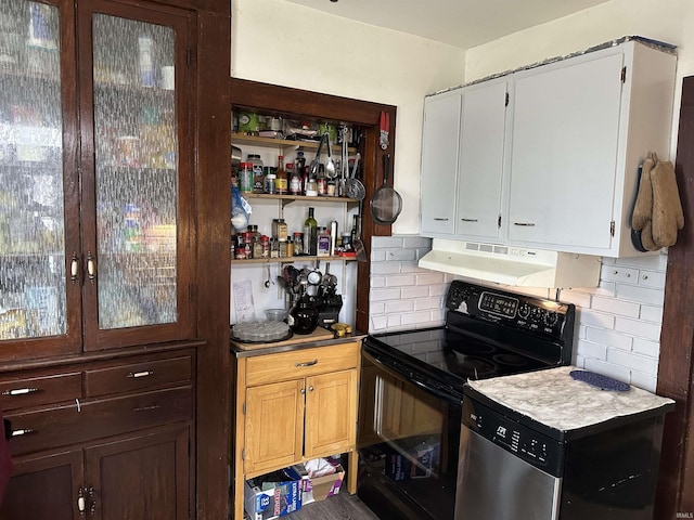 kitchen with tasteful backsplash, dishwasher, glass insert cabinets, black range with electric stovetop, and under cabinet range hood