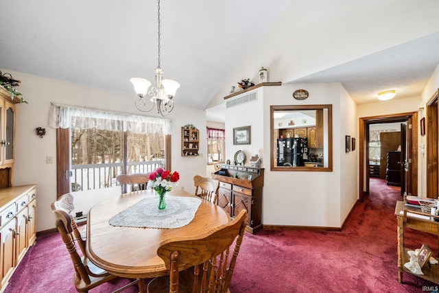 dining room with lofted ceiling, an inviting chandelier, baseboards, and dark carpet