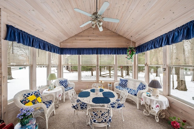 unfurnished sunroom with lofted ceiling, ceiling fan, and wood ceiling