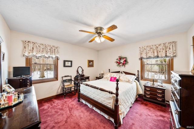 bedroom featuring carpet floors, multiple windows, and a textured ceiling