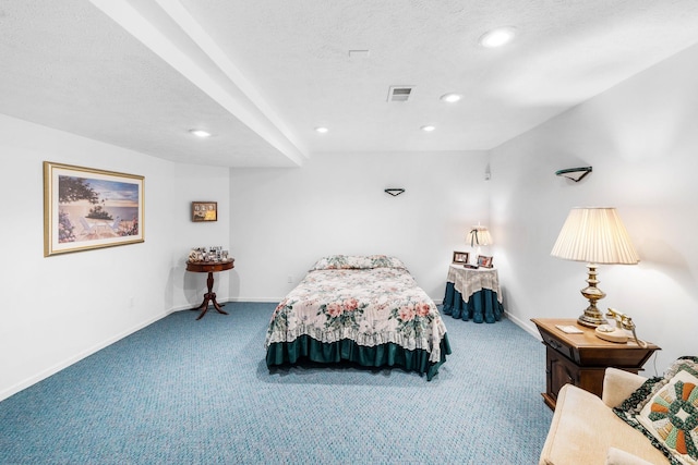 carpeted bedroom featuring a textured ceiling, recessed lighting, visible vents, and baseboards