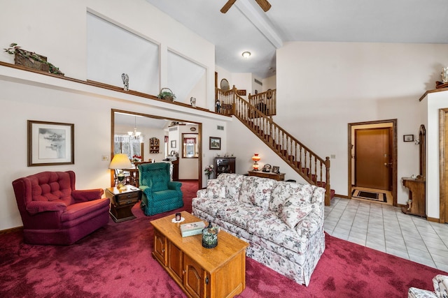 carpeted living room with high vaulted ceiling, tile patterned flooring, a notable chandelier, stairs, and beam ceiling