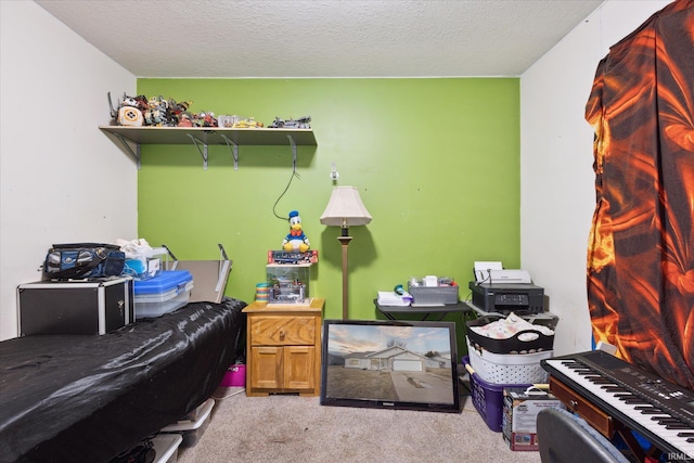 home office with carpet and a textured ceiling