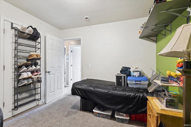 interior space with a textured ceiling and carpet floors