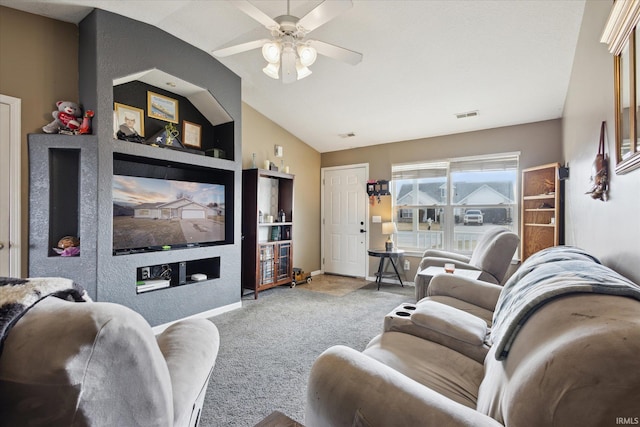 carpeted living area featuring built in features, visible vents, vaulted ceiling, ceiling fan, and baseboards