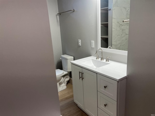 bathroom featuring toilet, wood finished floors, and vanity