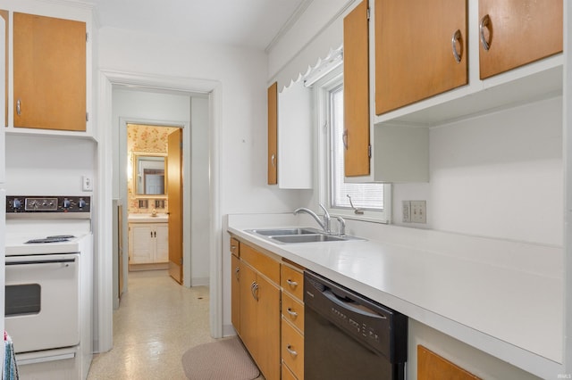 kitchen featuring light floors, white range with electric cooktop, light countertops, a sink, and dishwasher