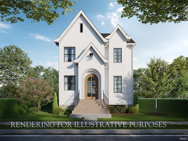 view of front of house with a front yard, entry steps, and stucco siding