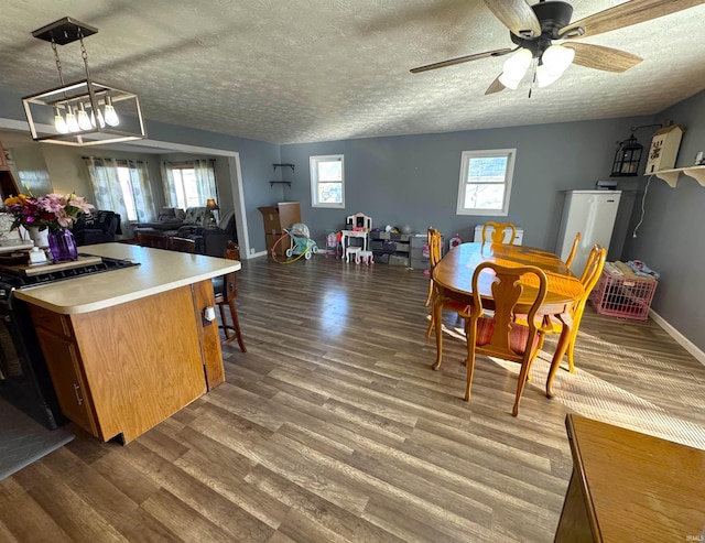 dining area featuring plenty of natural light, a textured ceiling, baseboards, and wood finished floors