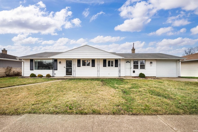 single story home featuring an attached garage, a chimney, concrete driveway, and a front yard