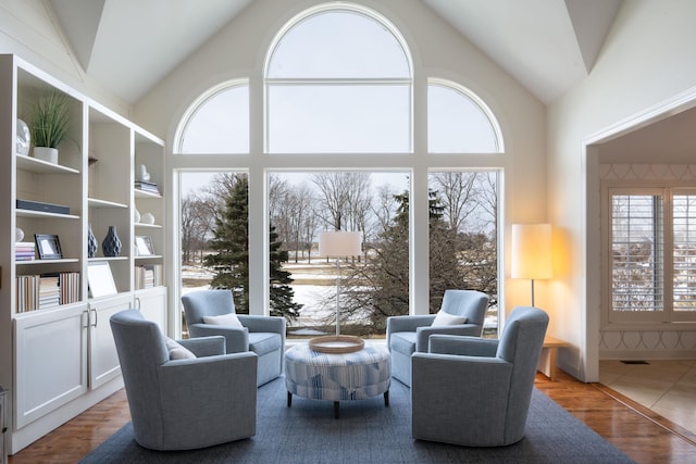 living area featuring high vaulted ceiling and wood finished floors