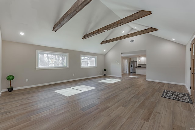 unfurnished living room with light wood-style floors, beam ceiling, visible vents, and baseboards