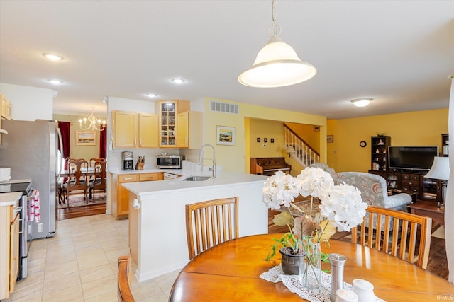 dining room featuring light tile patterned floors, recessed lighting, visible vents, an inviting chandelier, and stairs