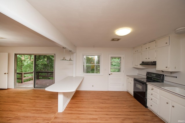 kitchen with under cabinet range hood, a peninsula, visible vents, white cabinets, and black electric range