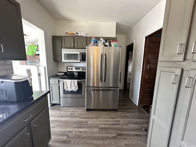 kitchen with stainless steel appliances and dark wood-style flooring