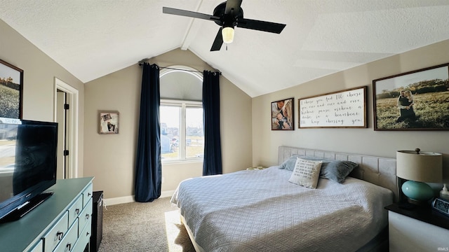 bedroom featuring light carpet, vaulted ceiling with beams, baseboards, and a textured ceiling