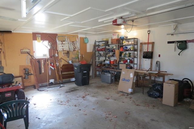 garage with a garage door opener and a workshop area