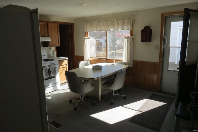 interior space with visible vents, wainscoting, and wooden walls