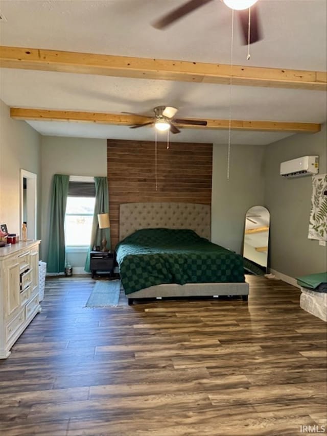 bedroom featuring an AC wall unit, dark wood-style flooring, beamed ceiling, and baseboards