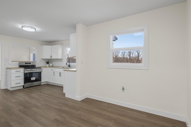 kitchen featuring dark wood-type flooring, baseboards, decorative backsplash, and electric stove