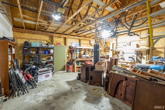 garage with a workshop area