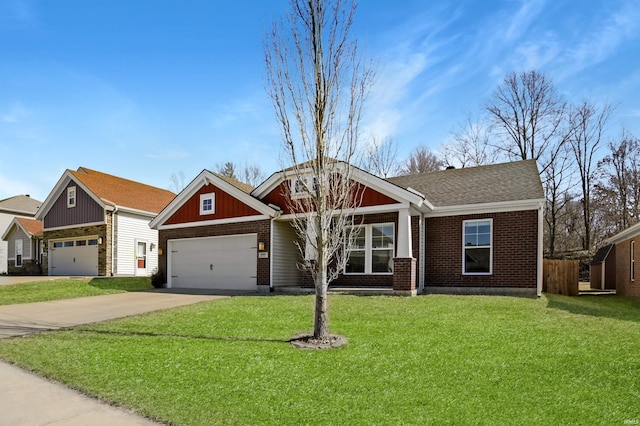 craftsman house featuring a garage, brick siding, concrete driveway, roof with shingles, and a front yard