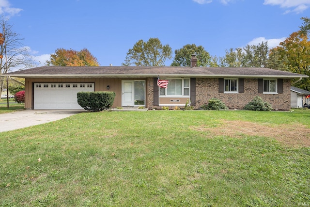 single story home featuring a garage, concrete driveway, a chimney, a front yard, and brick siding