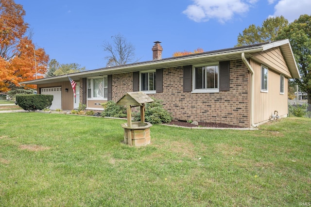 single story home featuring brick siding, a chimney, an attached garage, and a front yard