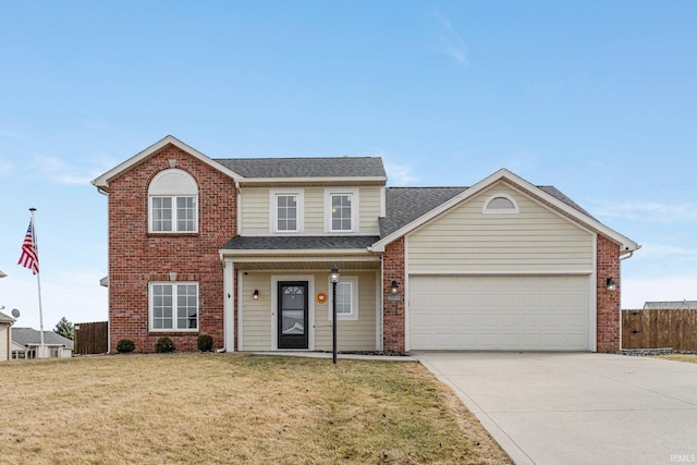 view of front of property with a garage, brick siding, fence, driveway, and a front lawn