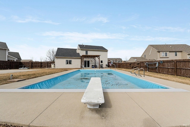 view of pool with a fenced in pool, a patio area, a fenced backyard, and a pergola