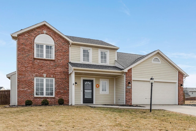 traditional-style home with an attached garage, a front lawn, concrete driveway, and brick siding