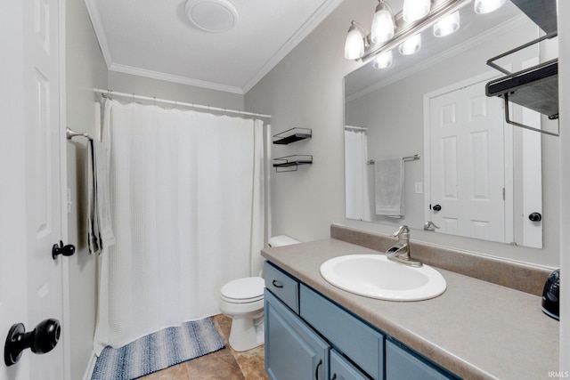 bathroom featuring ornamental molding, a shower with curtain, vanity, and toilet